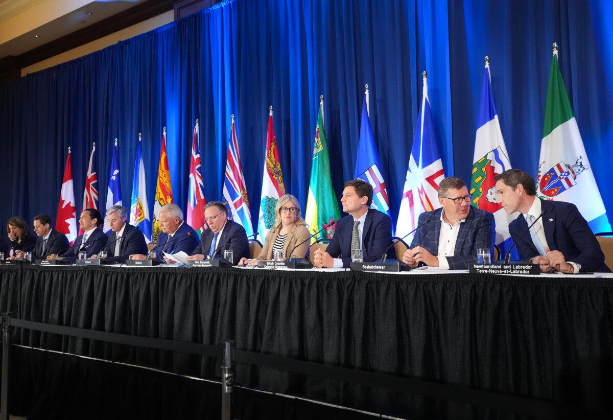 The Canadian premiers speak to the media during the 2025 summer meetings of Canada’s Premiers at Deerhurst Resort in Huntsville, Ont., on July 23, 2025. (The Canadian Press/Nathan Denette)