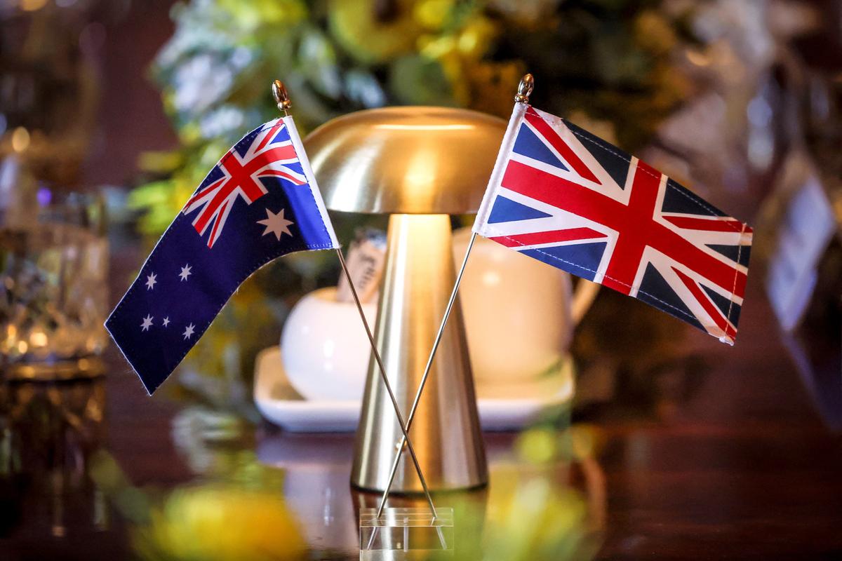 The national flags of Britain and Australia are displayed on a table during the Australia-UK Ministerial Consultations (AUKMIN) meeting in Sydney on July 25, 2025. (David Gray/AFP via Getty Images)