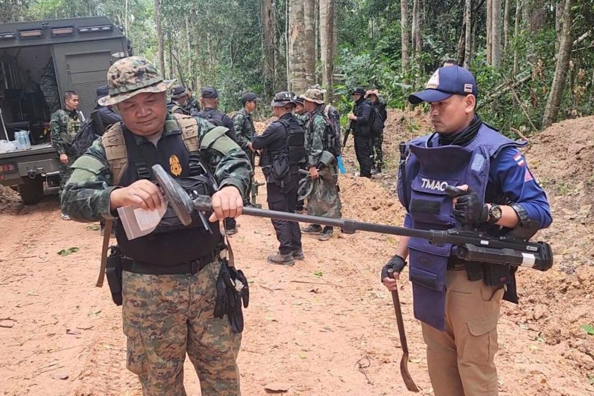 Thai soldiers with landmine detectors inspect an area close to the border with Cambodia, in Ubon Ratchathani province, Thailand, on July 20, 2025. (Royal Thai Army via AP)