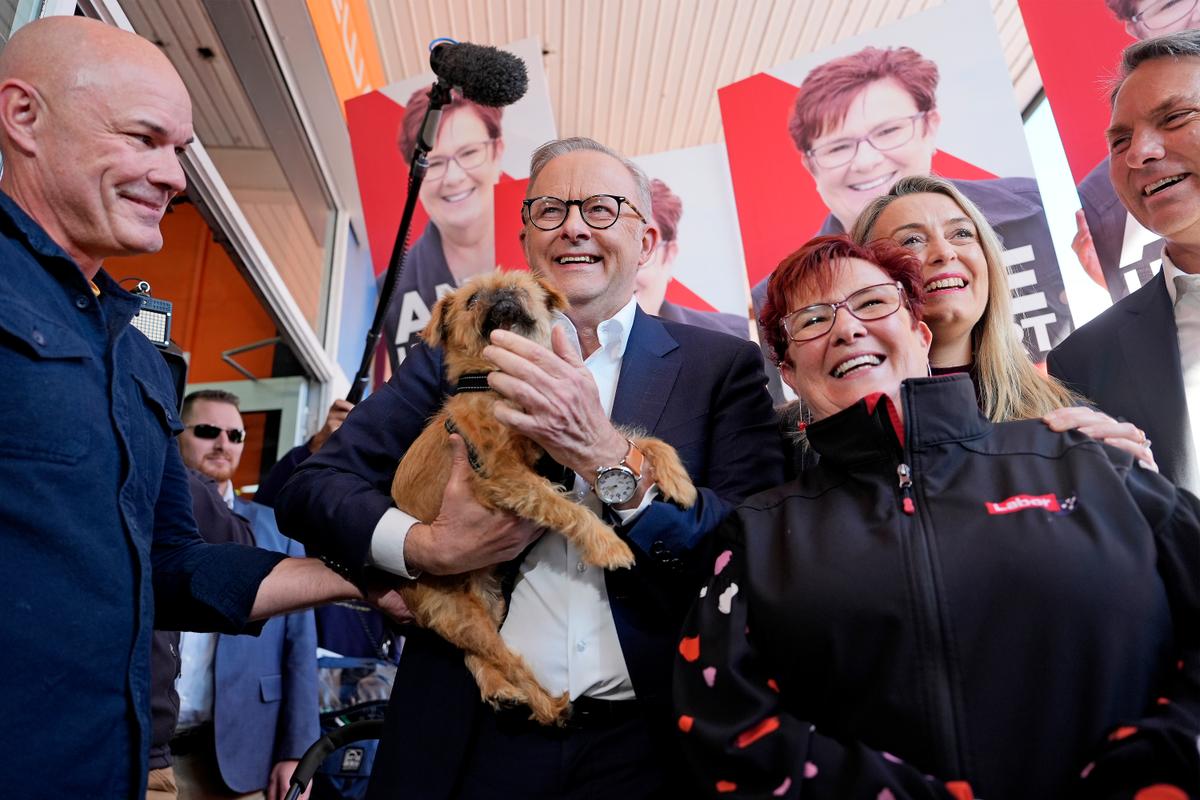 Prime Minister Anthony Albanese and fiancée Jodie Haydon joined by now-Labor MP for Braddon, Anne Urquhart and Deputy Prime Minister, Richard Marles in Rooke Street Mall in Devonport, Australia on May 2, 2025. (Asanka Ratnayake/Getty Images)