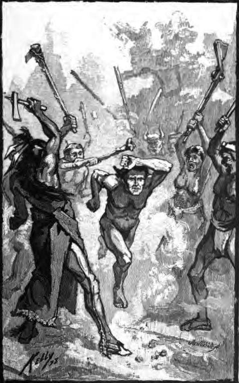 An illustration of a captive running the gauntlet between Shawnee warriors, from “Tecumseh And The Shawnee Prophet.” (Public Domain)