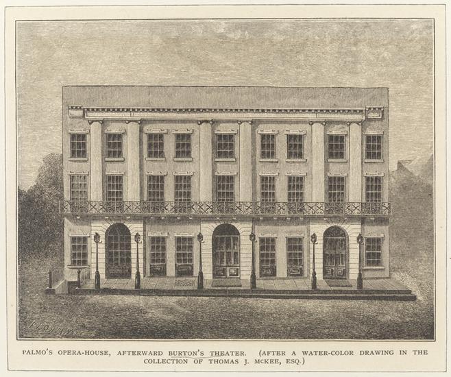 Rendering of Palmo's Opera House by Flomian from 1882, which is based on a watercolor drawing by Thomas J. McKee from 1850. (Public Domain)