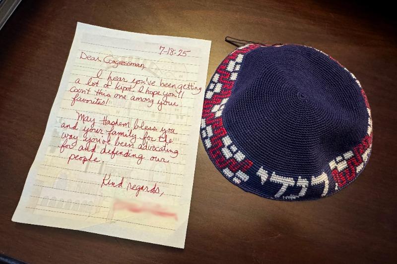 A letter and yarmulke sent to Rep. Randy Fine (R-Fla.) at his congressional office in Washington in July 2025. (Courtesy of the office of Rep. Randy Fine)