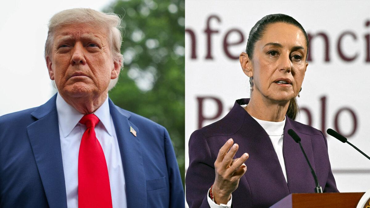 (Left) President Donald Trump speaks to the media before boarding Marine One on the South Lawn of the White House in Washington on June 15, 2025. (Right) Mexican President Claudia Sheinbaum speaks at a news conference at the National Palace in Mexico City on March 4, 2025. (Tasos Katopodis/Getty Images; Alfredo Estrella/AFP via Getty Images)