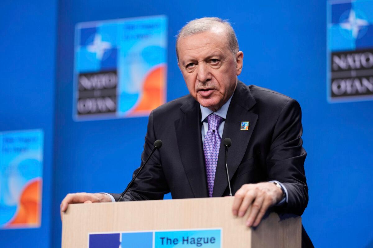 Turkish President Recep Tayyip Erdogan speaks during a media conference at the NATO summit in The Hague, Netherlands, on June 25, 2025. (Matthias Schrader/AP Photo)