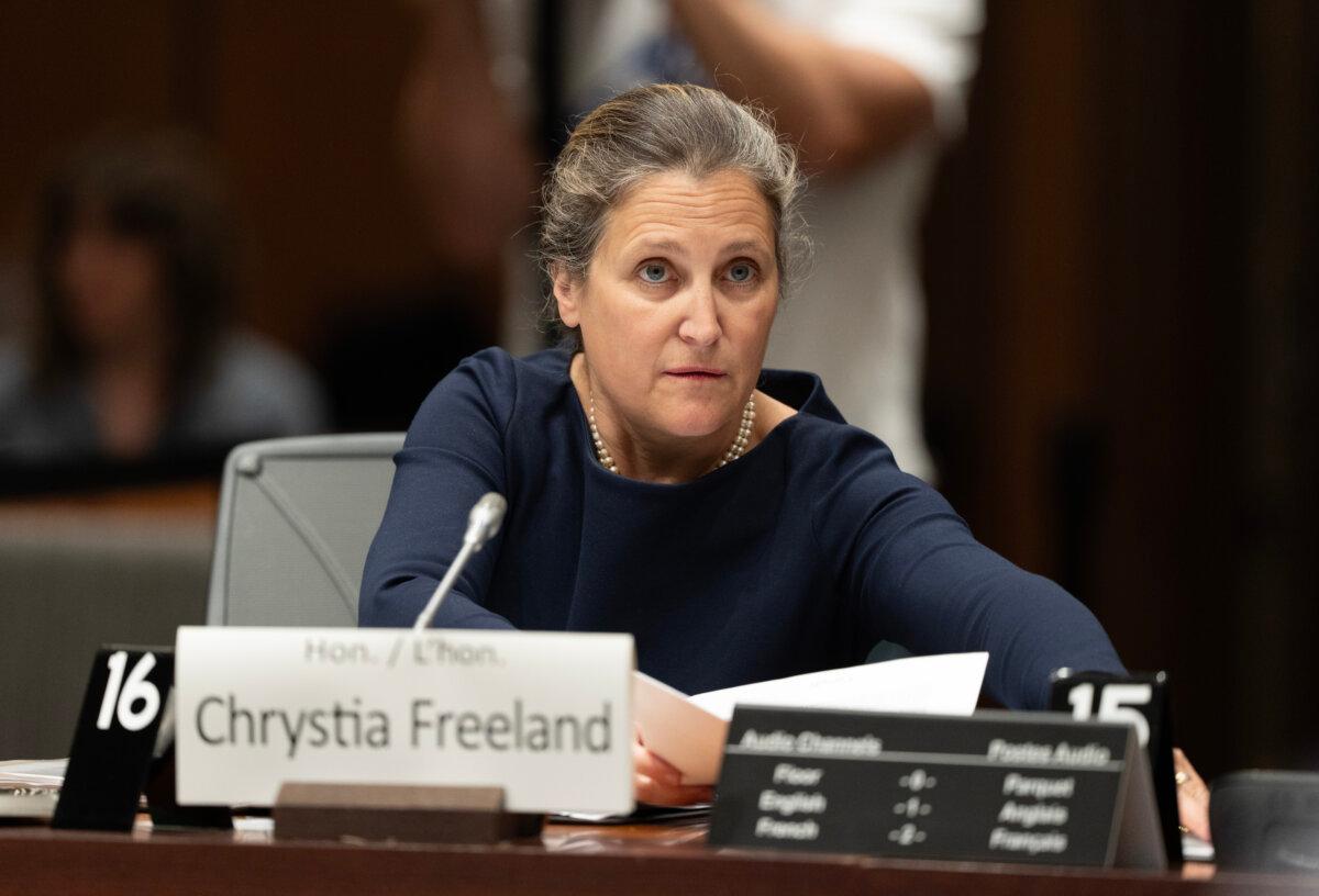 Then-Canadian Minister of Transport and Internal Trade Chrystia Freeland prepares to appear at the House of Commons transport committee on Parliament Hill in Ottawa, on Aug. 1, 2025. (Adrian Wyld/The Canadian Press)