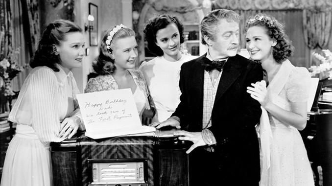 (L–R) Thea Lemp (Lola Lane), Ann Lemp (Priscilla Lane), Emma Lemp (Gale Page), Adam Lemp (Claude Rains), and Kay Lemp (Rosemary Lane), in “Four Daughters.” (Warner Bros.)