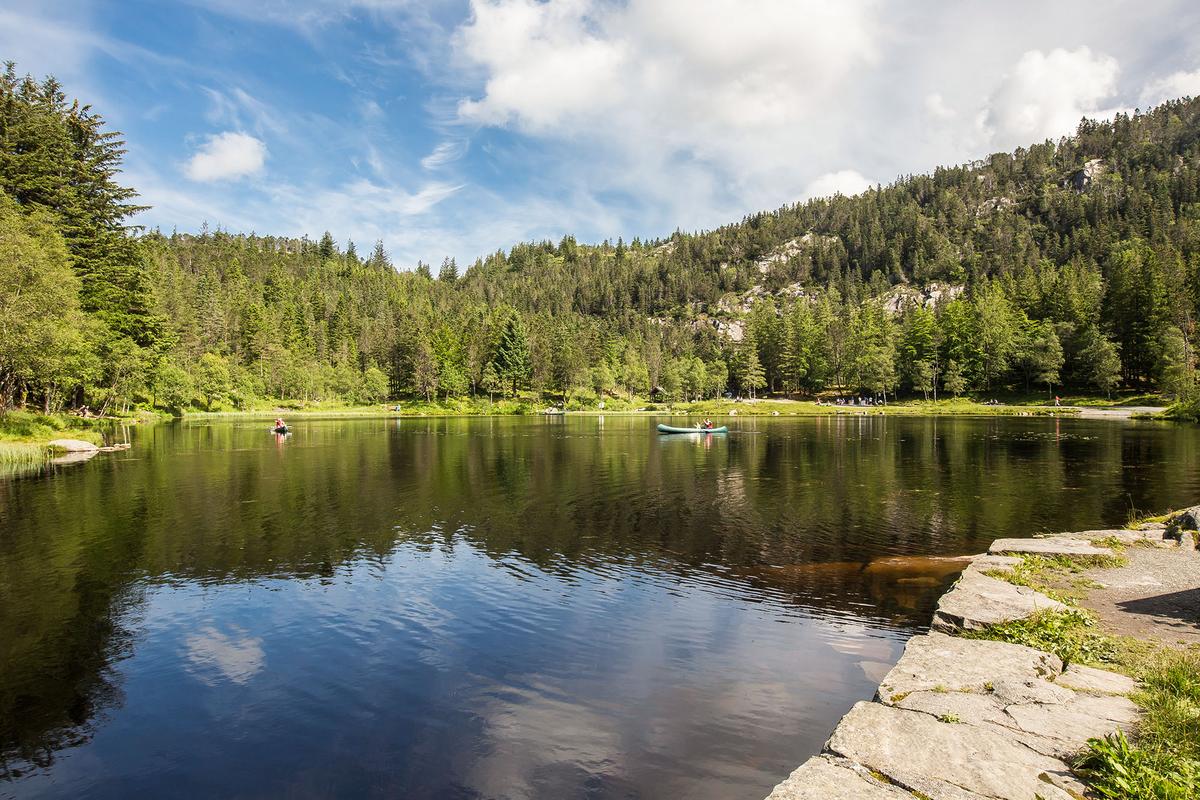 Hikers can take a 1.1-mile loop trail from Floyibanen's top station to reach Lake Skomakerdiket<em>. </em>(Ronibenish/Getty Images)