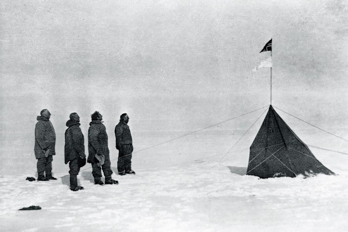 Roald Amundsen's expedition to the South Pole. Featured are Amundsen (L), Helmer Hanssen (C-L), Sverre Hassel (C-R), and Oscar Wisting. (Public domain)