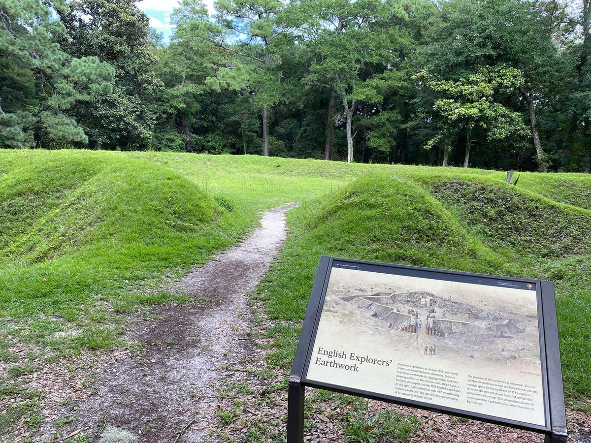 The site of the earthworks that was part of the military settlement from the second Roanoke voyage, located just behind the visitor center of Fort Raleigh National Historic Site. (Courtesy of Lynn Topel)