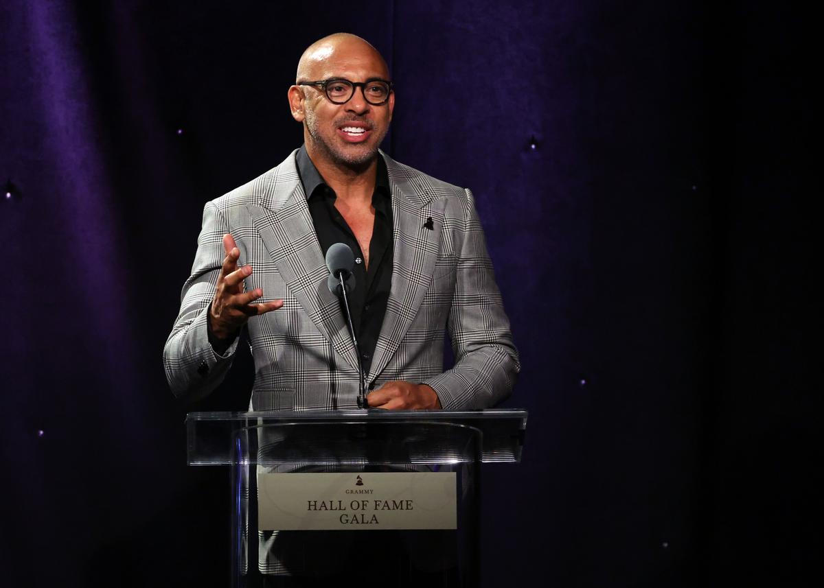 Recording Academy CEO Harvey Mason Jr. speaks onstage during the Grammy Hall of Fame gala on May 16, 2025. (Phillip Faraone/Getty Images)