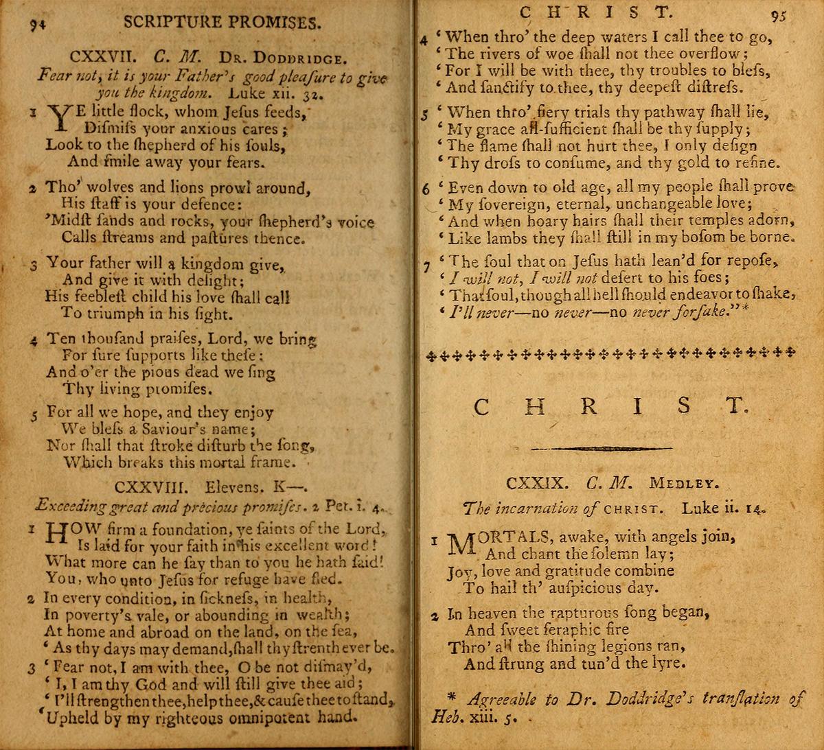 "How Firm a Foundation" hymn featured in "A Selection of Hymns From the Best Authors," 1792, by John Rippon. Internet Archive. (Public Domain)