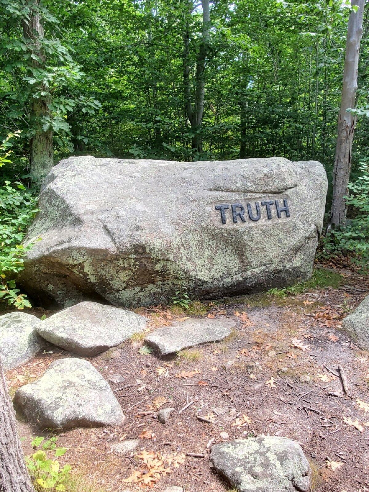 Visitors to the Dogtown and Babson Boulder Trail in Gloucester, Mass., pass the Babson Word Rocks, boulders with inspirational words on them placed by Roger Babson. (Veronica Casey/Dreamstime)