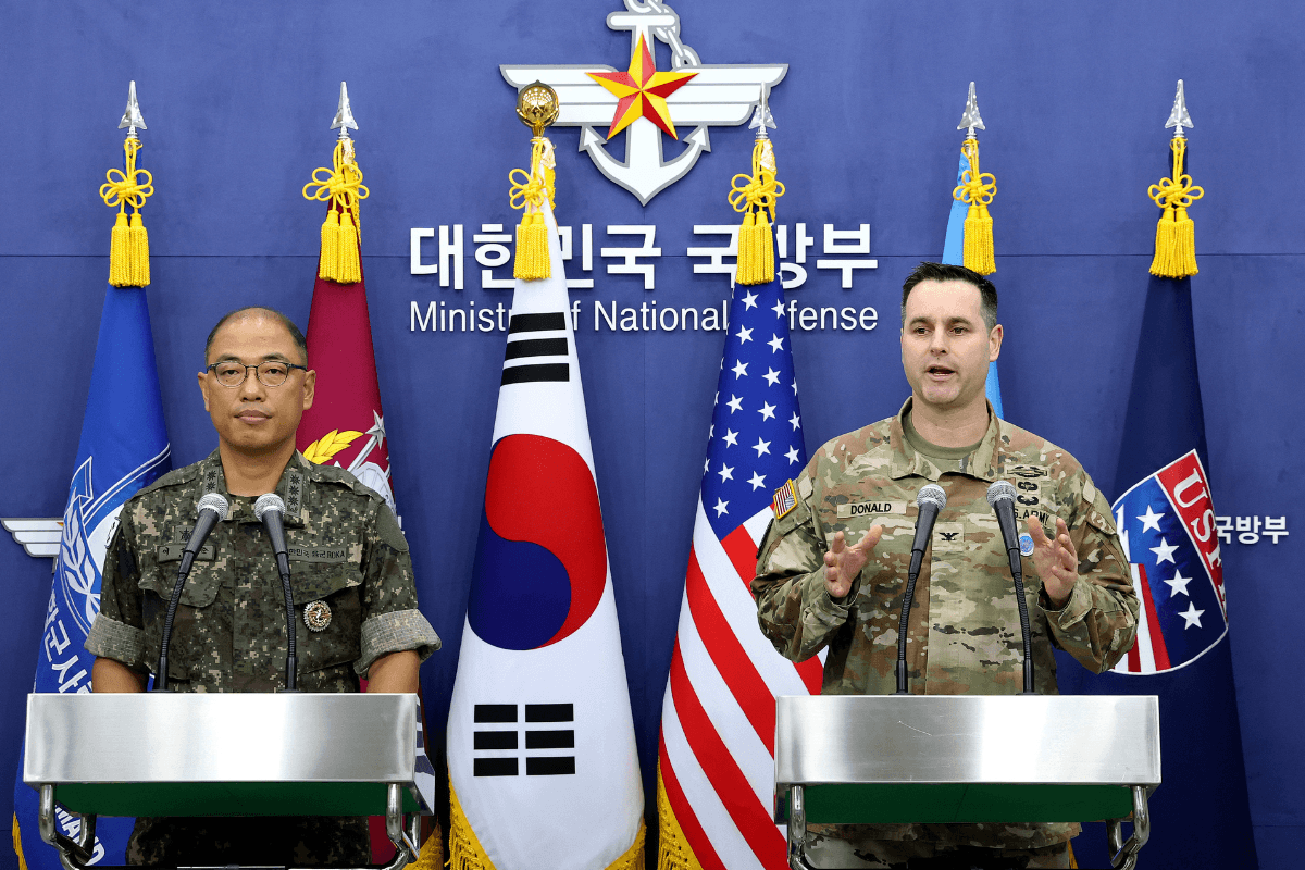 Col. Lee Sung Joon (L), public affairs director of South Korea's Joint Chiefs of Staff, and Col. Ryan Donald (R), public affairs director of U.S. Forces Korea, attend a press briefing of Ulchi Freedom Shield 2025 exercise at the Defense Ministry in Seoul, South Korea, on Aug. 7, 2025. (Chung Sung-Jun/AP)
