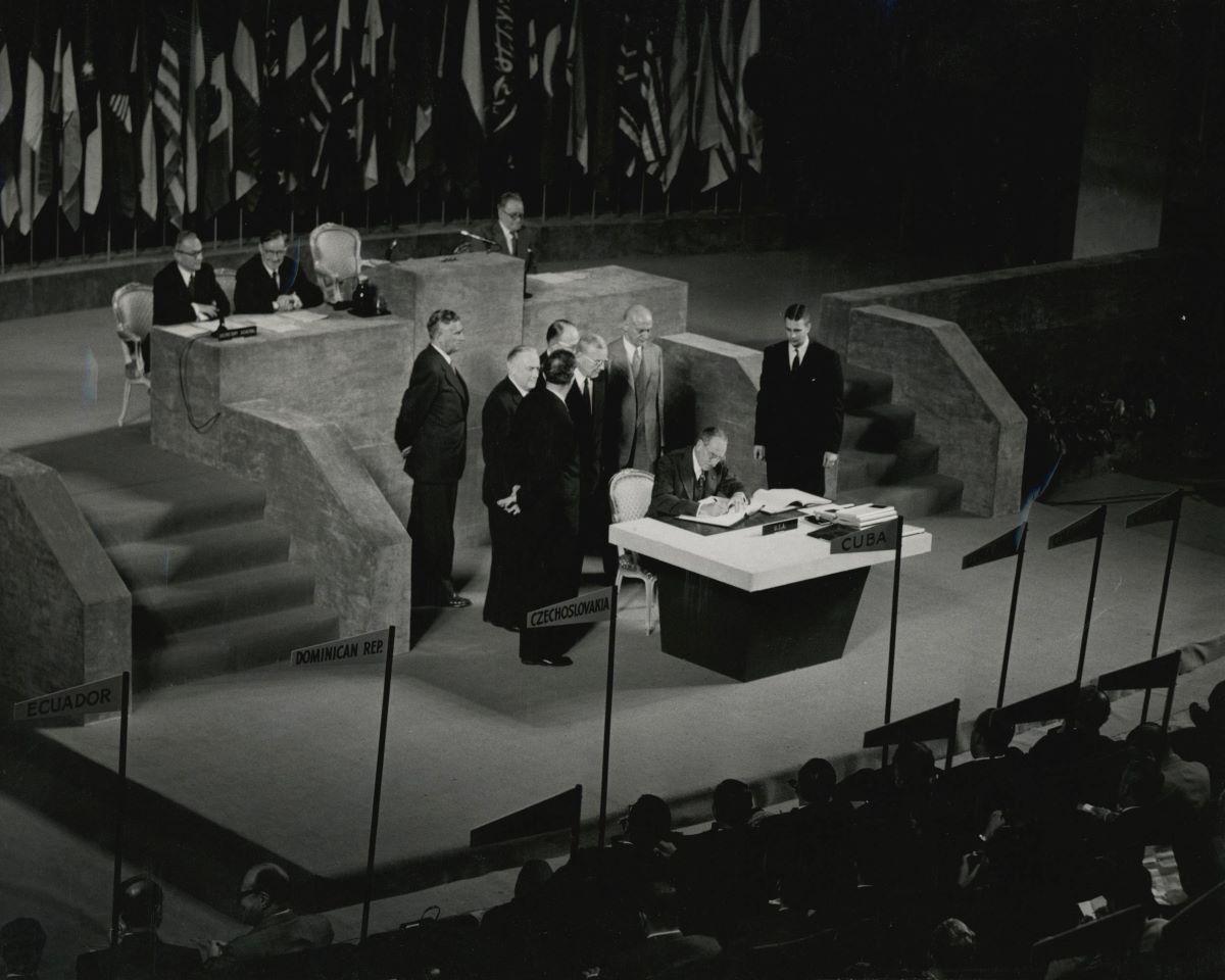 U.S. Secretary of State Dean Acheson signing the San Francisco Treaty, Sept. 8, 1951. (Public Domain)