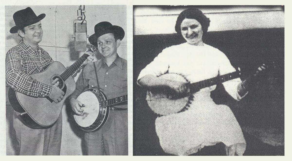 (L) A photograph of the Stanley brothers from the compact disc insert of the 1991 compilation album "The Stanley Brothers & The Clinch Mountain Boys – 1949-52." (R) A photo of Lucy Stanley from the cover of Ralph Stanley's album "Songs My Mother Taught Me and More: 'Clawhammer' Style Banjo," 1997. Internet Archive. (Public Domain)