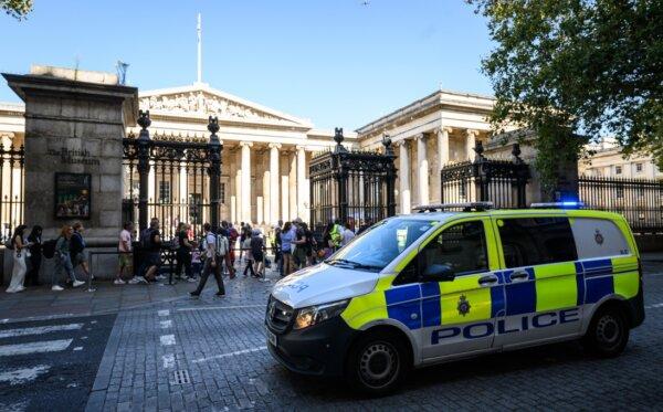 A police van is seen outside the gates of the British Museum in London on Aug. 23, 2023. (Leon Neal/Getty Images)