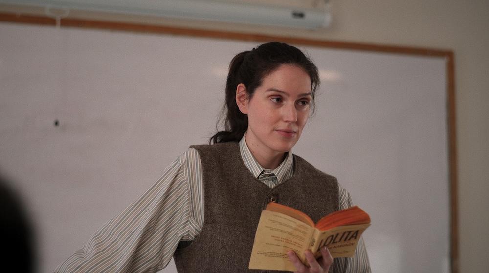 Agnes (Eva Victor) teaches a literature class, in "Sorry, Baby." (A24)
