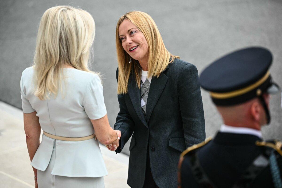 Italian Prime Minister Giorgia Meloni is greeted by US Chief of Protocol Monica Crowley (L) upon arrival at the White House South Portico in Washington, DC, on Aug. 18, 2025. (Mandel Ngan/AFP via Getty Images)