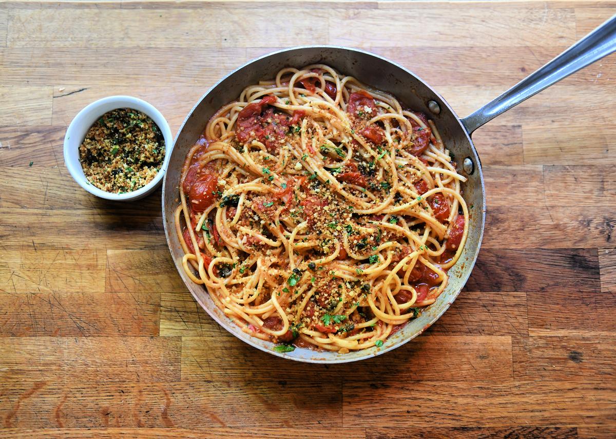 Bucatini With Burst Cherry Tomatoes and Fried Caper Crumbs Offers Ample Flavor