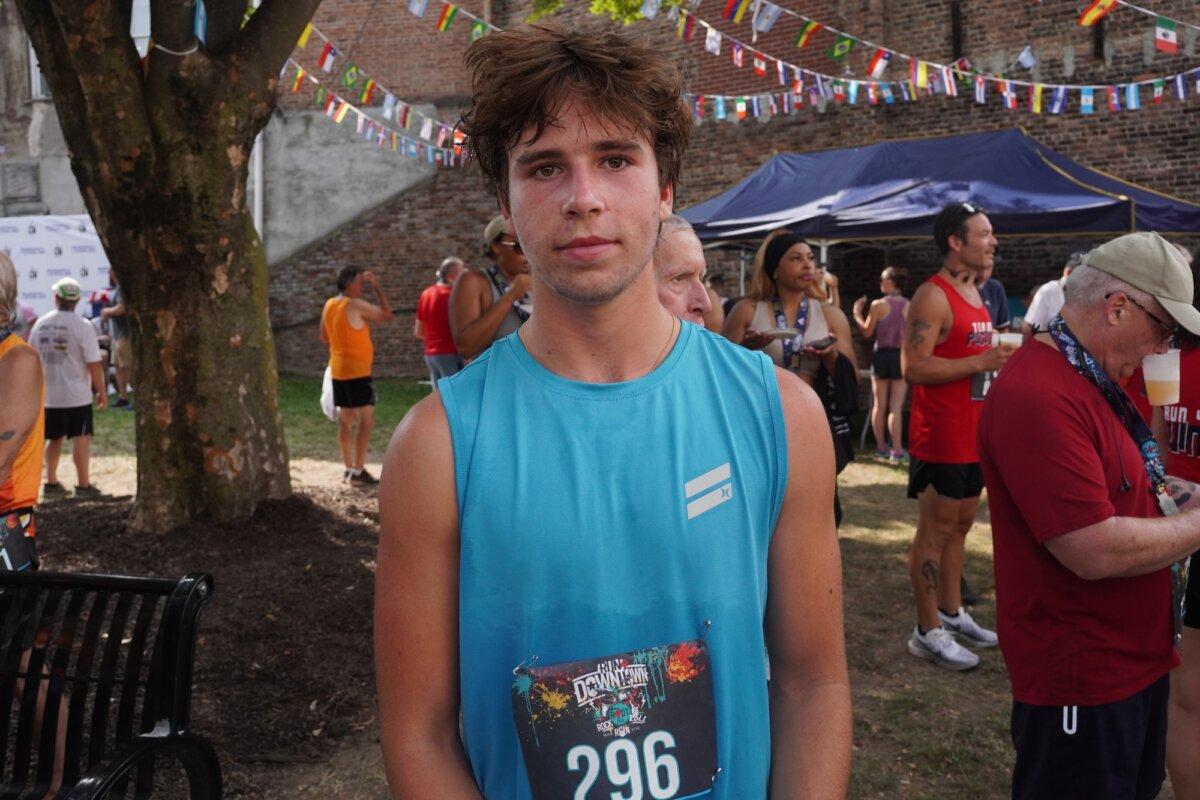 Runner Orson Whitehouse after the Run 4 Downtown in Middletown, N.Y., on Aug. 16, 2025. (Oliver Mantyk/The Epoch Times)