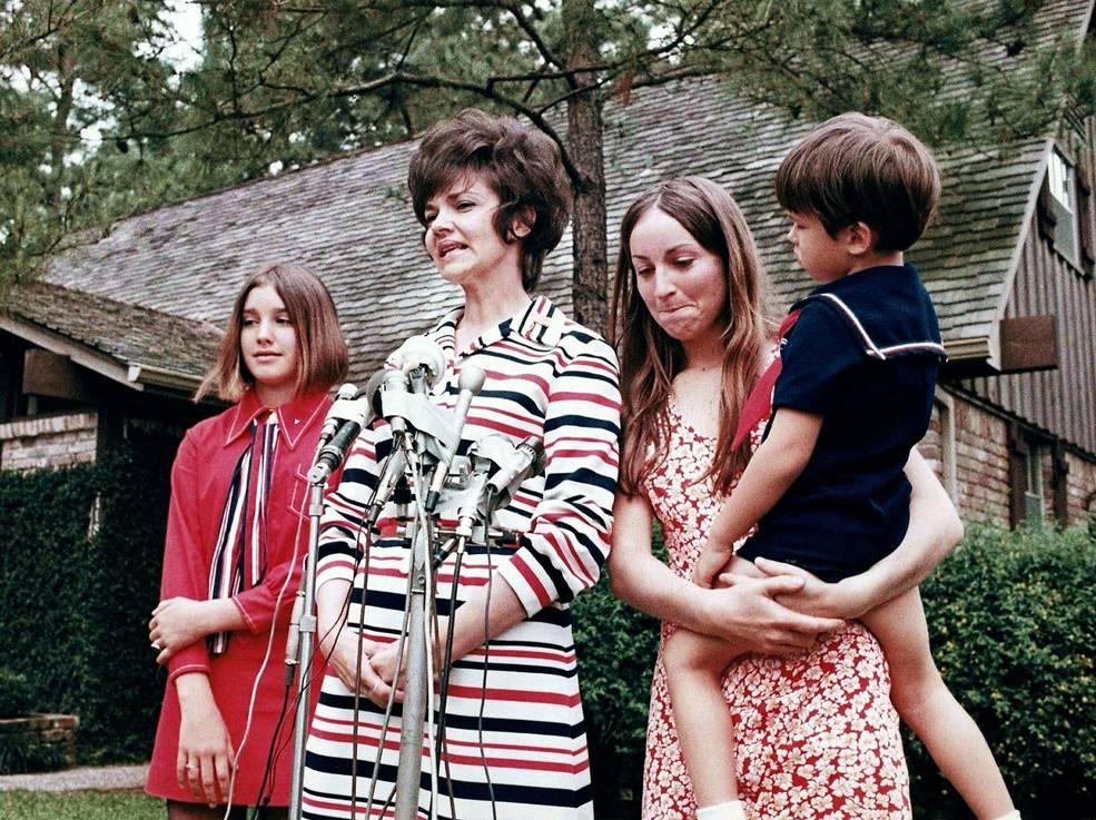 On April 17, 1970, the Lovell family greets reporters after Apollo 13's safe return. (Public Domain)