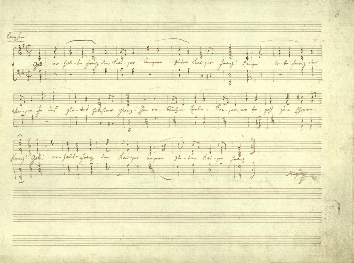 Handwritten transcript of “Kaiserhymne,” by Joseph Haydn between 1796 and 1797. (Public Domain)