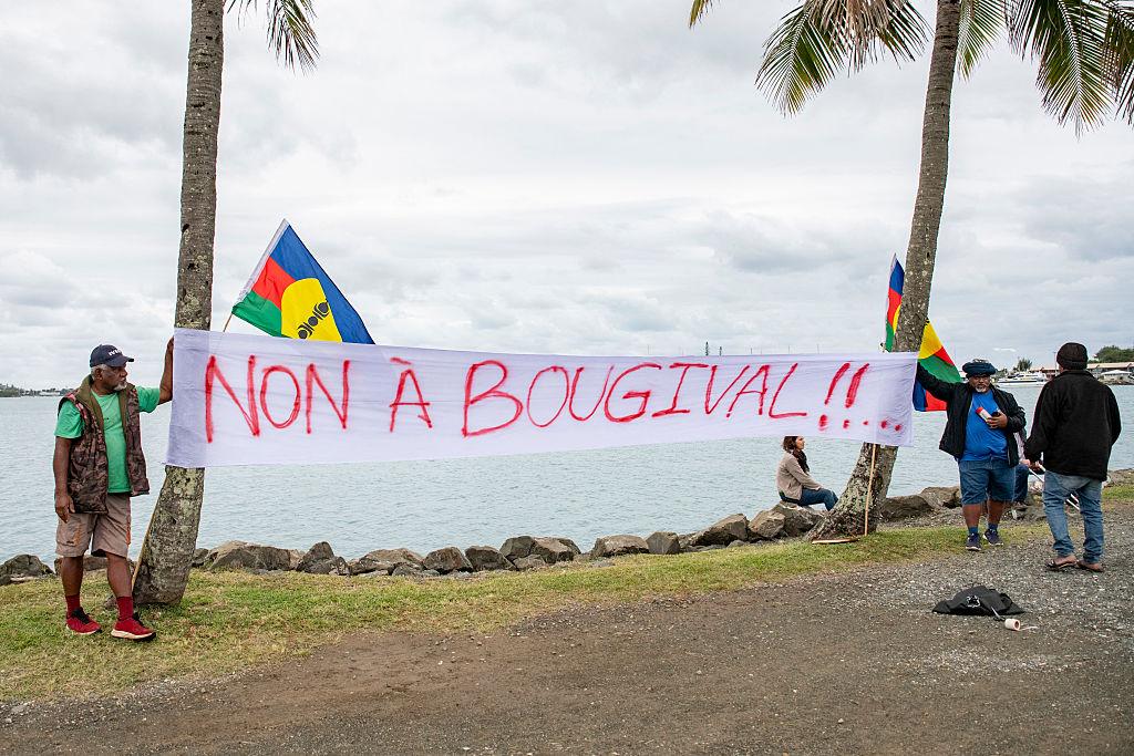 Activists display a banner reading "no to Bougival!" along the road to the Customary Senate in Noumea, New Caledonia, on Aug. 20, 2025. (Delphine Mayeur/AFP via Getty Images)