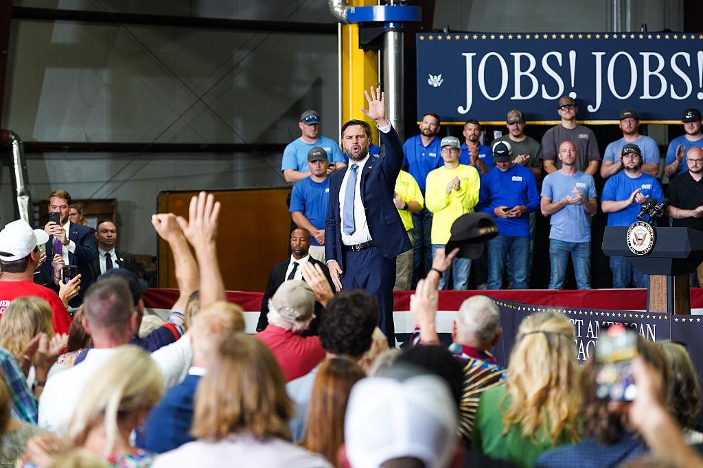 Vice President JD Vance waves to supporters of President Donald Trump at an event in Peachtree City, Ga., on Aug. 21, 2025. (Megan Varner/Getty Images)