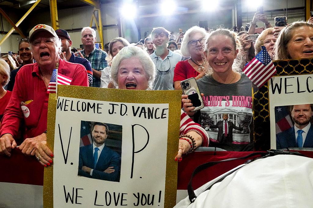 Supporters cheer while attending an event hosted by Vice President JD Vance in Peachtree City, Ga., on Aug. 21, 2025. (Megan Varner/Getty Images)