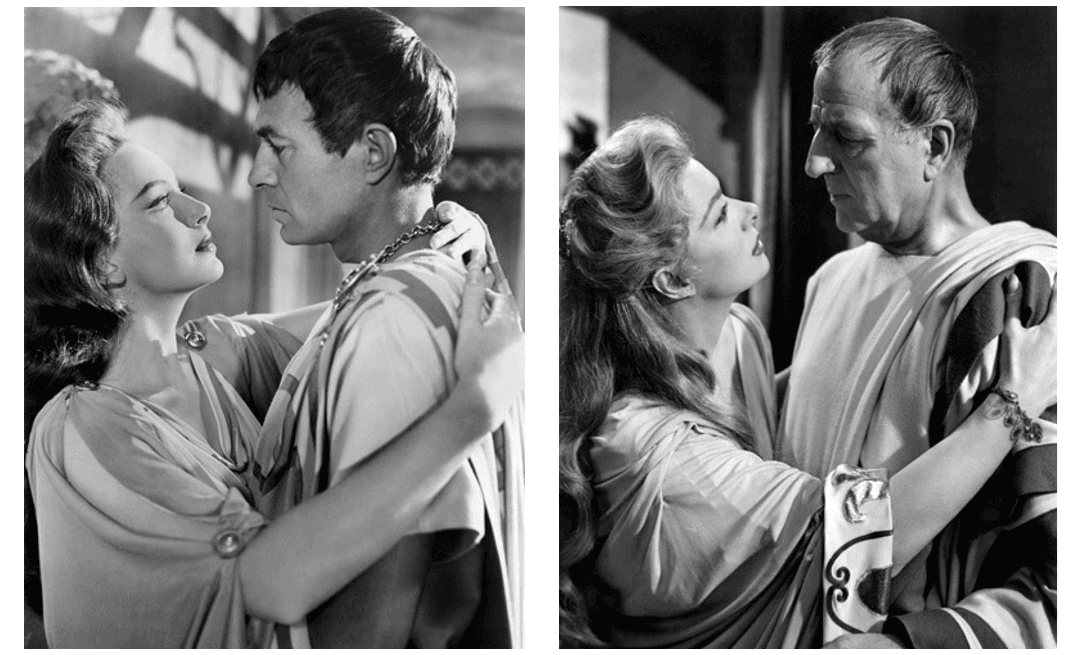 (L) Portia (Deborah Kerr) and her husband, Brutus (James Mason), and (R) Calpurnia (Greer Garson) and Julius Caesar (Louis Calhern), in “Julius Caesar.” (Metro-Goldwyn-Mayer)