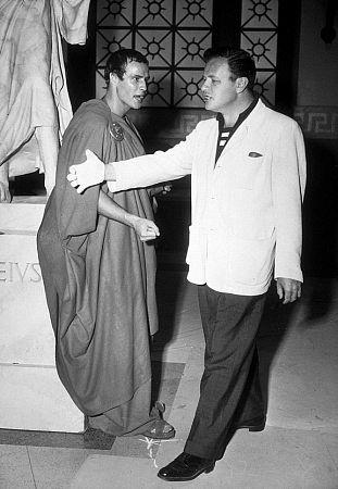 Marlon Brando (L) and director Joseph L. Mankiewitz on the set of "Julius Caesar." (Metro-Goldwyn-Mayer)