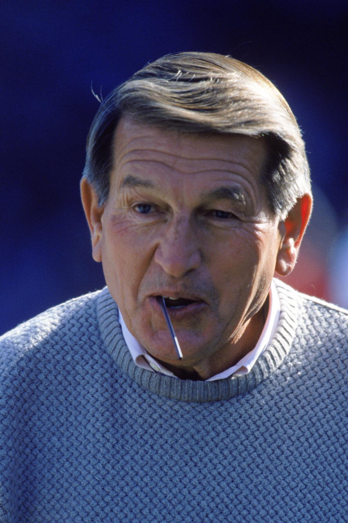 Hall of Fame Quarterback Johnny Unitas of the Baltimore Colts as he smiles and looks on during the game between the New England Patriots and the Baltimore Ravens at the PSINet Stadium in Baltimore, Md., on Oct. 6, 1996. (Jed Jacobsohn/Getty Images)