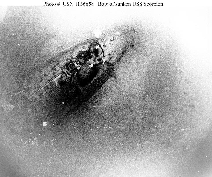U.S. Navy photo of the bow section of Scorpion, by the crew of bathyscaphe Trieste II in 1968. (Public Domain)