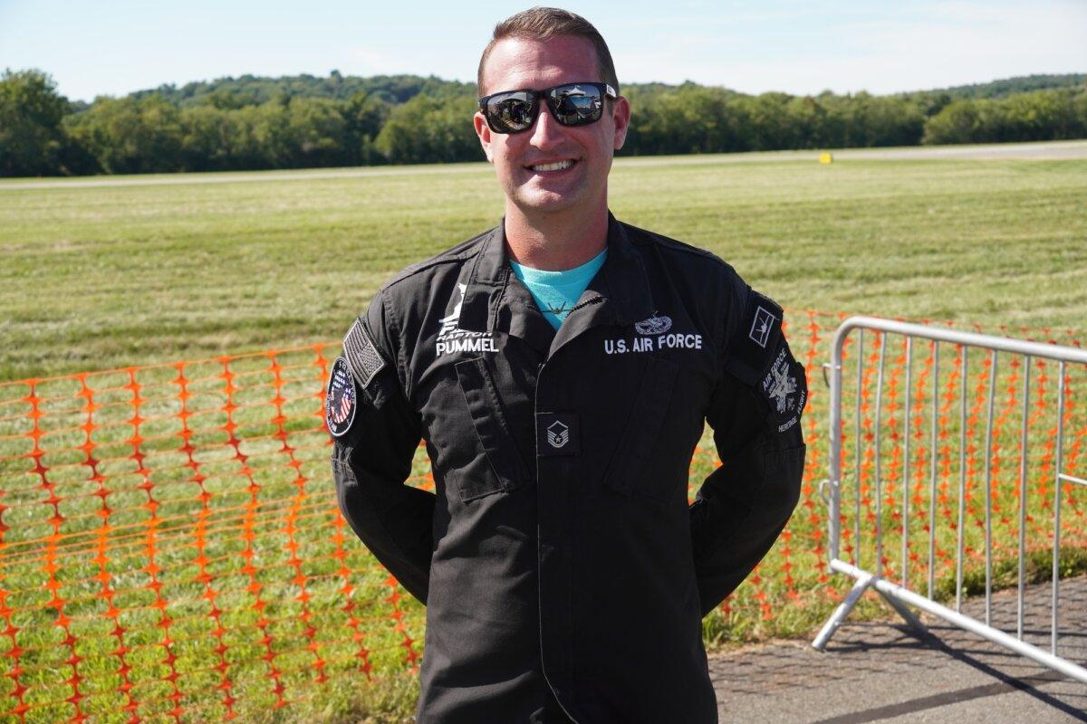 Demo Team Superintendent Master Sergeant Brady Pummel at the Air Dot Show in Montgomery, N.Y., on Aug. 23, 2025. (Oliver Mantyk/Epoch Times)