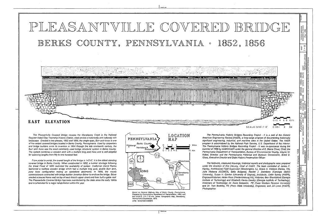 The title sheet to the architectural plans of the Pleasantville Covered Bridge provides clear schematics of the bridge's dimensions and style. Library of Congress. (Public Domain)