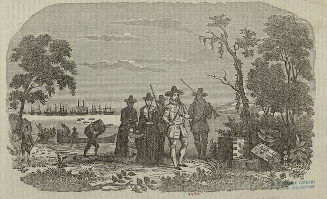 Engraving showing Winthrop's arrival at Salem, Mass. (Public Domain)