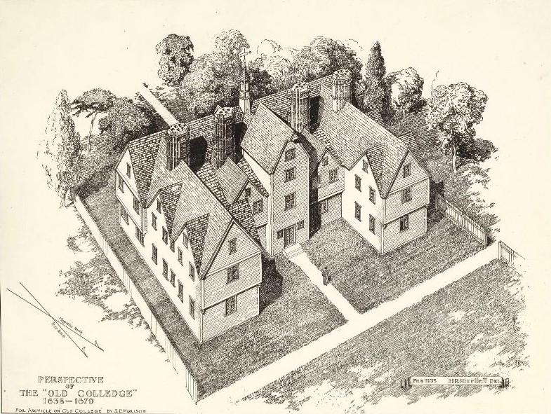 Harvard College's first building (1638–1670), as imagined by Samuel E. Morison. Harvard University Archives. (Public Domain)
