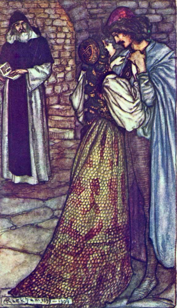 "At the Cell of Friar Lawrence," an illustration from "Tales from Shakespeare" by Charles & Mary Lamb. Friar Lawrence mistakenly sees Romeo and Juliet's marriage as a way to reconcile their feuding families. Peace is reached, but only at a great cost. (Public Domain)