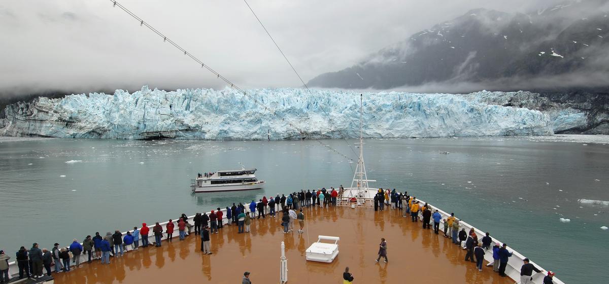 Westerdam passengers can view tidewater glaciers in Glacier Bay from the open deck of the cruise ship. (Andy Newman/Holland America Line)
