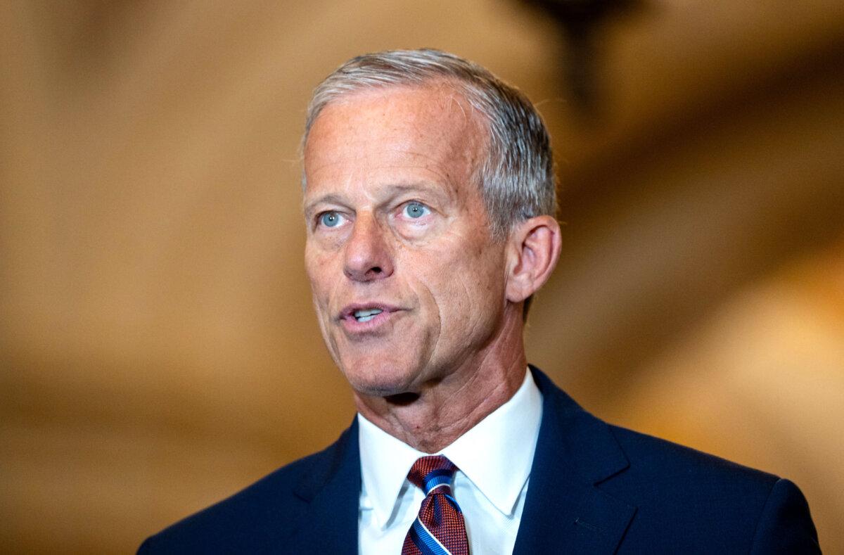 Majority Leader Sen. John Thune (R-S.D.) speaks to reporters at a press conference on Capitol Hill in Washington on Sept. 3, 2025. (Madalina Kilroy/The Epoch Times)
