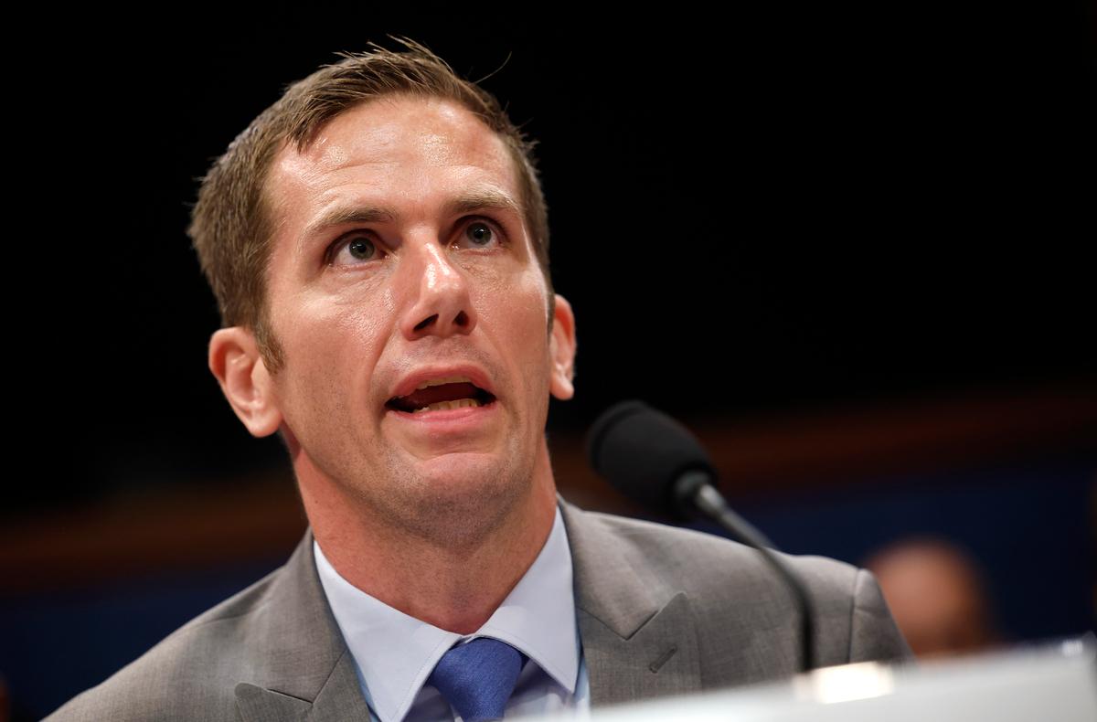 Unidentified Aerial Phenomena witness Air Force veteran Dylan Borland testifies before the House Oversight Committee's Task Force on the Declassification of Federal Secrets at the U.S. Capitol on Sept. 9, 2025. (Kevin Dietsch/Getty Images)