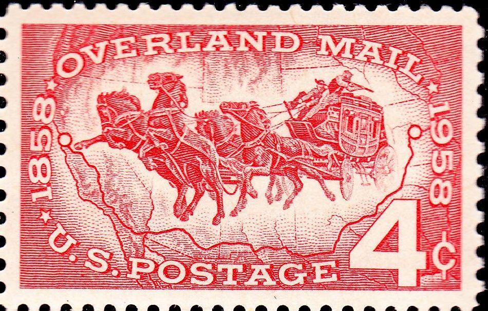 Overland mail commemorative stamp issued by the U.S. Post Office, 100th anniversary, Oct. 10, 1958. (Public Domain)