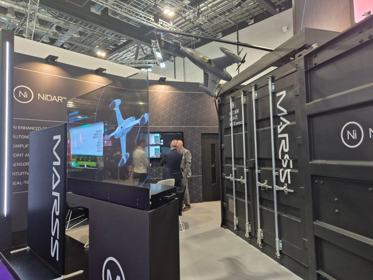 The display stand of the defense company MARSS at the DSEI exhibition at Excel in London on Sept. 10, 2025. (Chris Summers/The Epoch Times)