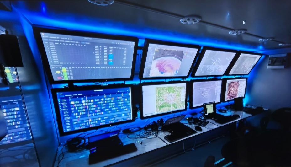 A look inside one of ICEYE's intelligence, surveillance, and reconnaissance satellite control rooms, as exhibited at DSEI in London on Sept. 10, 2025. (Chris Summers/The Epoch Times)