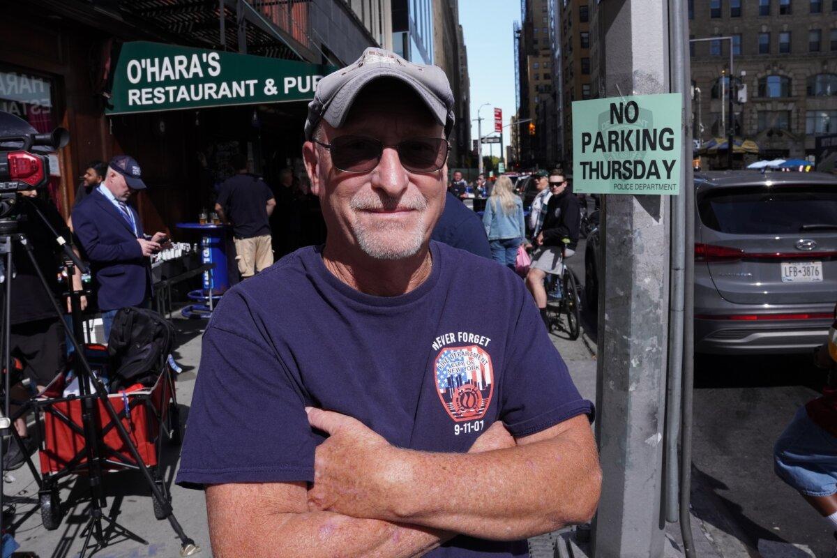 Matthew Russo outside the 9/11 memorial ceremony in New York City on Sept. 11, 2025. (Oliver Mantyk/The Epoch Times)