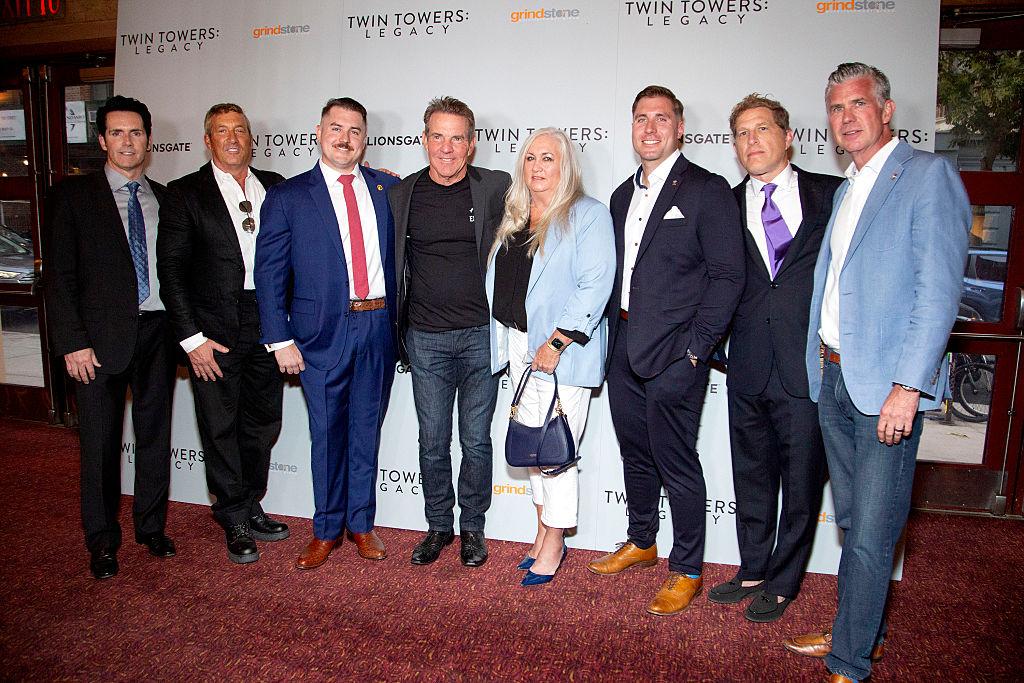 (L–R) Rick Dugdale, Barry Brooker, James Vigiano, Dennis Quaid, Kathy Vigiano, Joseph Vigiano Jr., Robert Port, and Johnathan Lennox attend the 'Twin Towers: Legacy" New York screening on Sept. 3, 2025, in New York City. (Santiago Felipe/Getty Images)