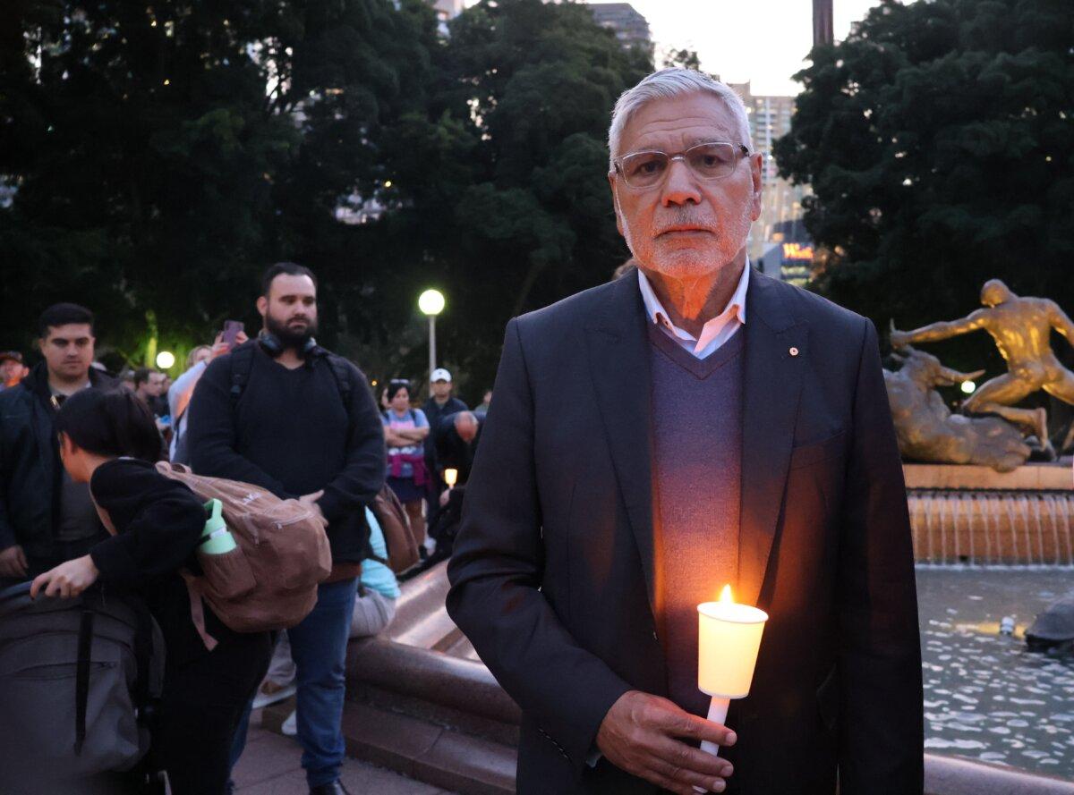 Warren Mundine AO, the Chairman of the Conservative Political Action Conference (CPAC) Australia, attended the vigil for Charlie Kirk in Sydney, Australia, on Sept. 12, 2025. (Rachel Qu/The Epoch Times)
