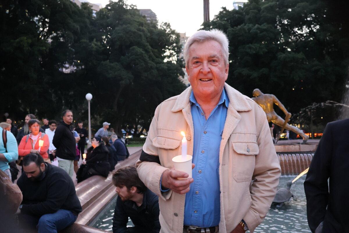 Former Qantas pilot Graham Hood attended the vigil for Charlie Kirk in Australia on Sept. 12, 2025. (Rachel Qu/The Epoch Times)