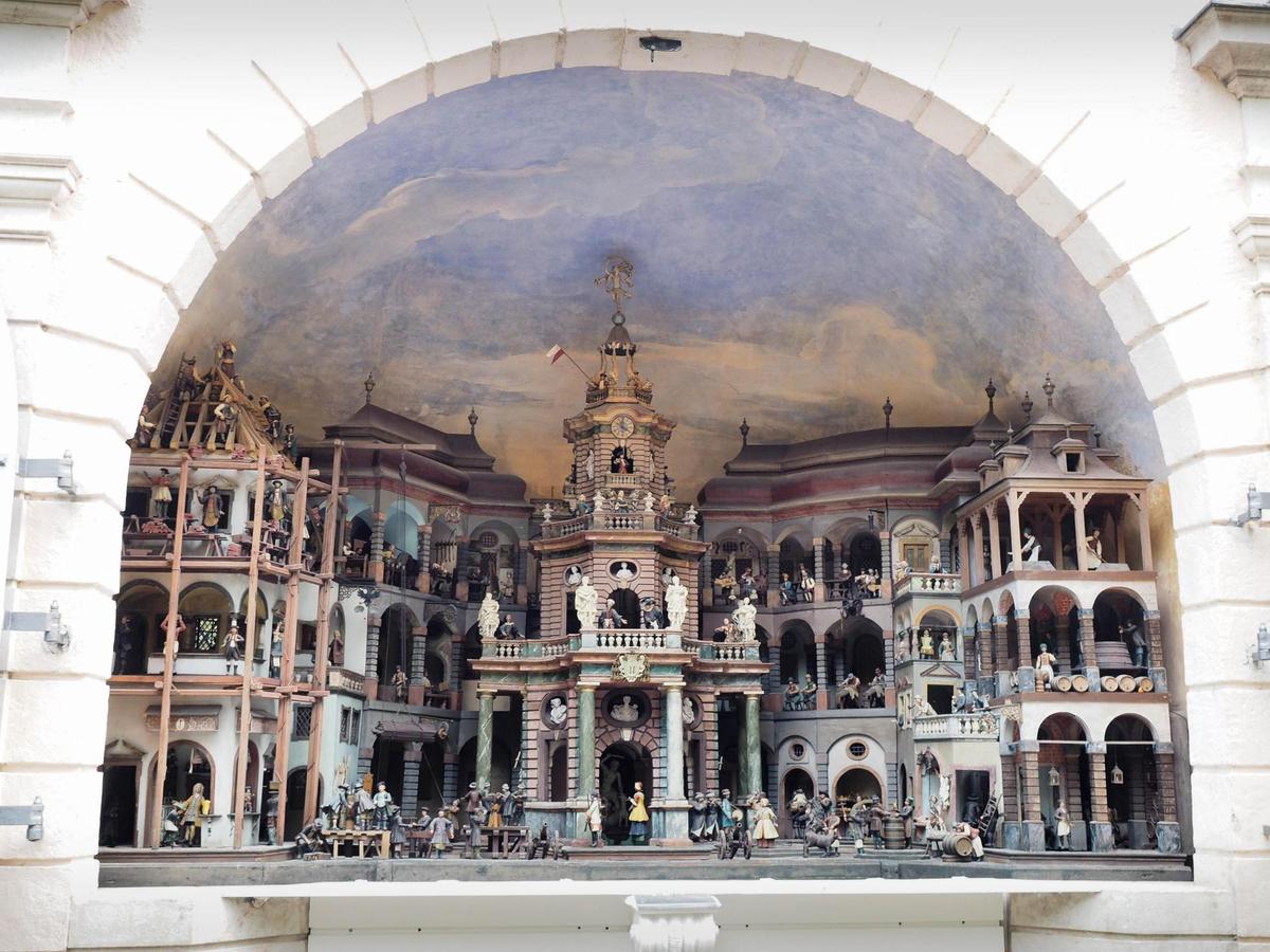 The Mechanical Theatre was added in 1752 by Lorenz Rosenegger. The five sections feature <a href="https://www.hellbrunn.at/en/trick-fountains#c329" target="_blank" rel="nofollow noopener">163</a> water-driven marionettes—<a href="https://www.hellbrunn.at/en/trick-fountains/mechanical-theatre-1" target="_blank" rel="nofollow noopener">142</a> mobile and 21 immobile figurines—that depict alternating scenes of working craftsmen and tales from classical antiquity. The waterwheels, copper wiring, and cogwheels are hidden behind the theater and muffled by music from the organ, which is also water-powered. (<span class="MuiBox-root mui-16qd35q-centeredContent-avatarContainer"><span class="MuiTypography-root MuiTypography-body1 mui-1w8ttpd-contributorLabel-linkAvatarLabel">Jakapong Paoprapat/Shutterstock</span></span>)